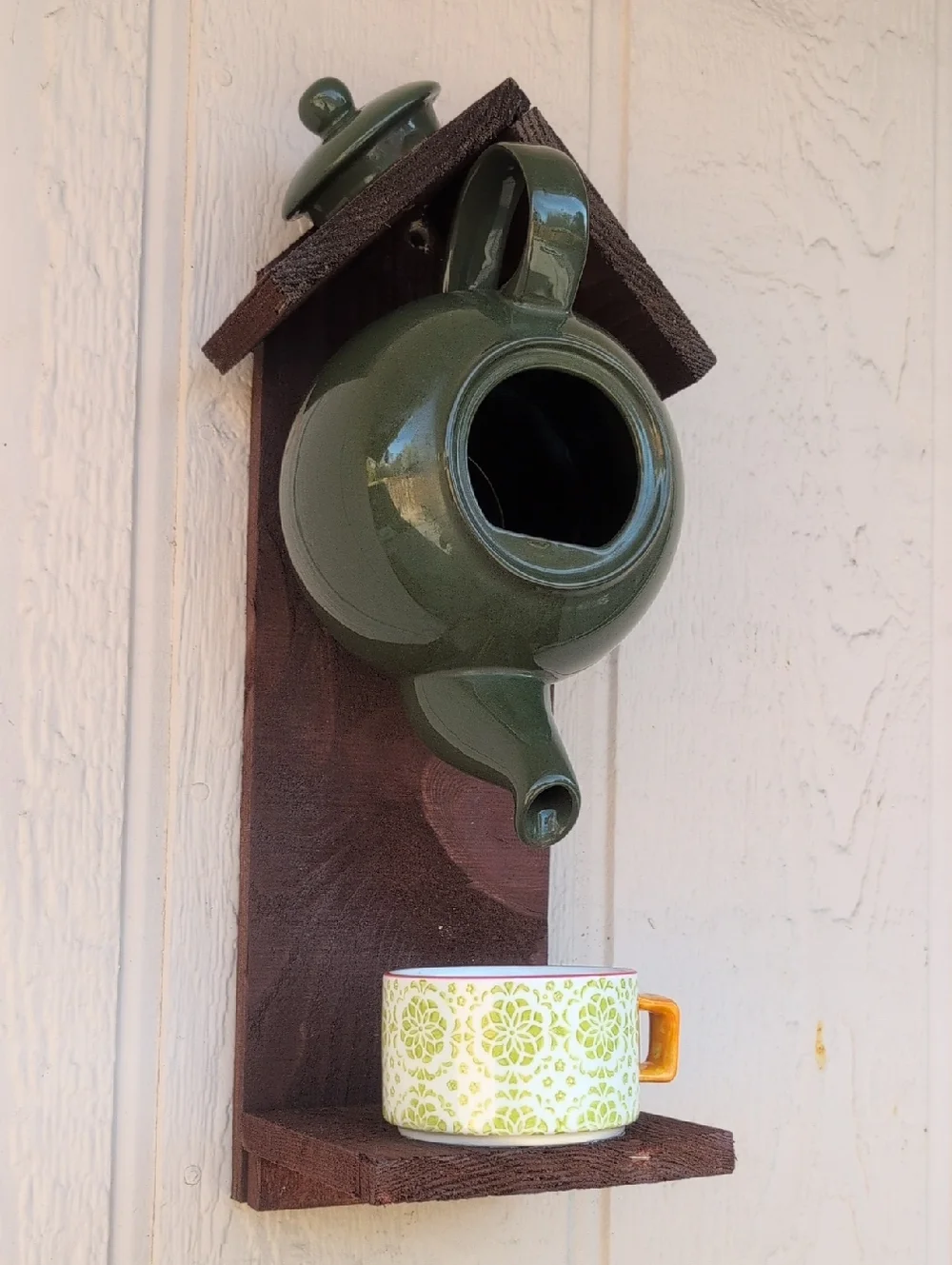 Rustic Wooden Handmade Bird Feeder Teapot Green Tea
